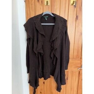 Lauren Ralph Lauren Chocolate Brown Ruffle Knit Open Cardigan Size S Wool